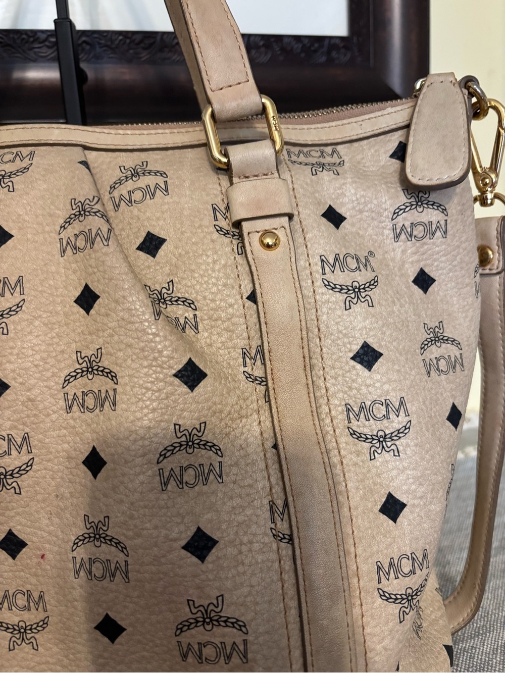 MCM Beige Logo Monogram Tote with Gold Plaque - Picture 9 of 14